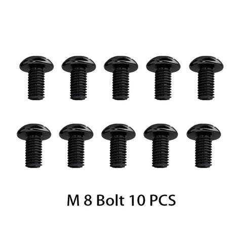 Ten black M8 bolts, arranged in two rows, each with a round head and threaded body, labeled 'M 8 Bolt 10 PCS'.