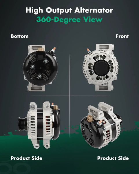 360-degree view of alternator for Jeep Grand Cherokee 3.0L 2014 2018, high output 220Amp 12V, six grooved pulley, CW rotation.