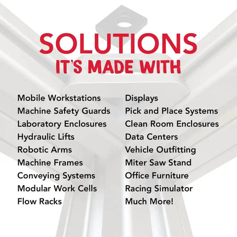 Graphic listing applications of 80/20 T Slot profiles including mobile workstations, machine frames, and display setups.