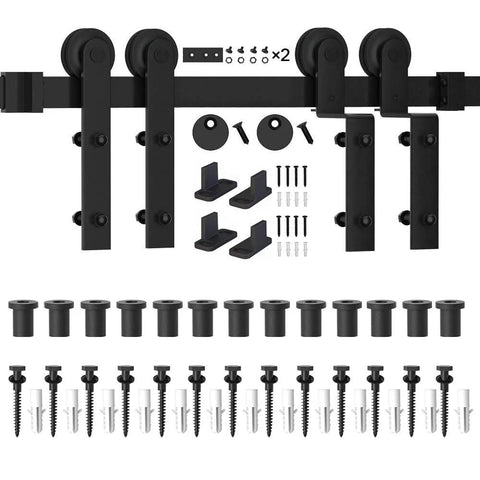 16Ft Single Track Bypass Sliding Barn Door Hardware Kit For Double Doors With Low Ceiling Clearance Easy Mount DIY Friendly Heavy Duty Carbon Steel Rails And Quiet Smooth Sliding shown with components and screws.