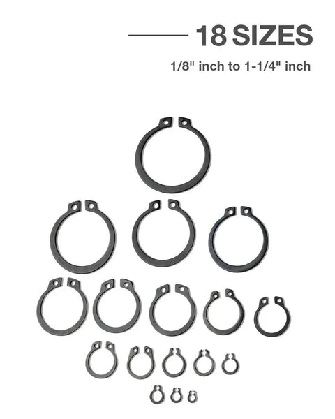 300 Piece Snap Ring Set With 18 Sizes For Axles And Shafts, E Clip Ring Assortment Kit displayed in various sizes from 1/8" to 1-1/4"