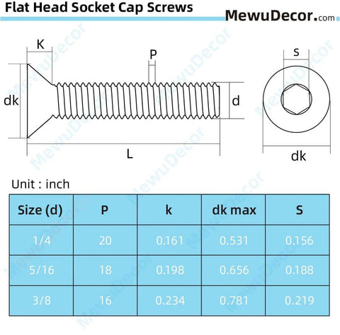 Diagram of Heavy Duty 3/8-16 Inch Flat Head Socket Cap Screws Set, 1 Inch Long, illustrating dimensions and specifications.