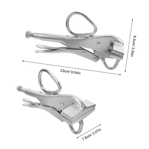 Heavy Duty Auto Body Sheet Metal Clamp Pliers With Wide Duckbill Jaw For Welding, Bending And Pulling, shown with dimensions