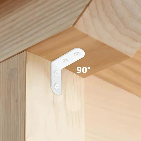 18 Piece White L Bracket Set With 72 Screws installed on wooden furniture, showing 90-degree right angle support.
