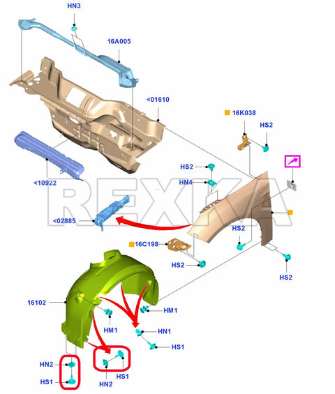 Diagram of 15 Piece T30 Engine Splash Shield Bolt Clip Kit Direct Fit For Ford and Lincoln, illustrating assembly points.
