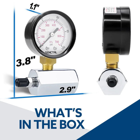 SENCTRL gas pressure test gauge, 2-inch dial, 0-100 psi, 3/4-inch FNPT connection, brass valve, chrome-plated steel body