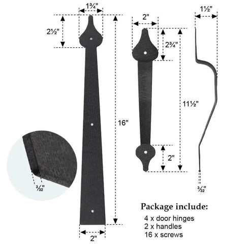 Decorative Rustic Carriage House Hardware Set With Black Steel Hinges And Handles, dimension details and package includes