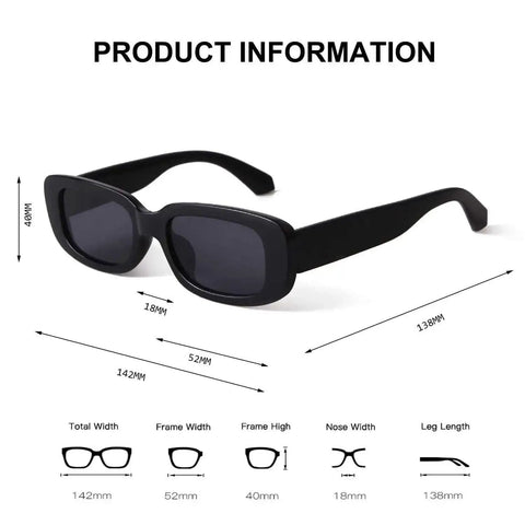 Retro Rectangle Sunglasses For Women Narrow Square Frame Driving Style UV400 Protection Black And Leopard Vintage 90s Fashion Glasses Lightweight Plastic Frame, showing black frame dimensions.