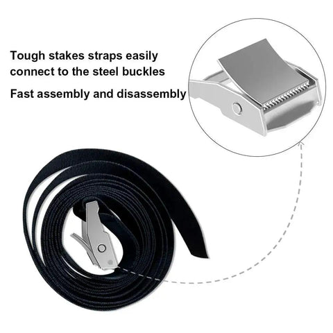 Close-up of bonus belt straps with steel buckle from Heavy Duty Trampoline Stakes Anchor Kit With Corkscrew Steel Stakes And T Hook.