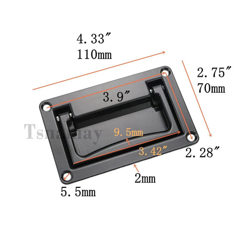 Black Recessed Pull Handle Set For Toolbox Chest Case Zinc Alloy Heavy Duty Flush Mount Door Handle with dimensions and hole spacing.