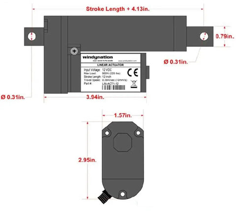 Diagram of a 2 inch stroke linear actuator 12V DC outdoor rated IP65 with dimensions and label for precise lifting and positioning.