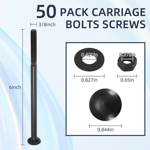 AiVeUao 50-pack carriage bolt kit, galvanized 3/8 x 6 in with 50 washers and 50 nuts, by Amazon
