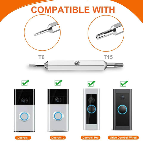 Double Ended T6 T15 Screwdriver Tool For Video Doorbell Replacement Battery Change And WiFi Password Reset Magnetic Precision Bits visual guide showing tool compatibility with various doorbells