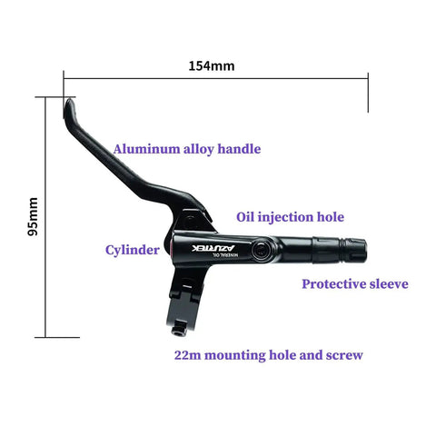 RUJOI MTB hydraulic brake lever and caliper, side view; black aluminum lever with cylinder, oil injection hole, 22mm mount hole