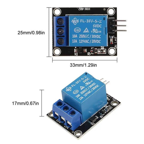 One Channel Relay Shield Module For Microcontrollers 5V 3Pc Pack With LED Indicator Light dimensions and detailed view