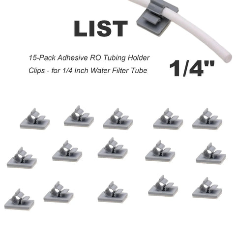 Image of fifteen pack adhesive RO tubing holder clips for one quarter inch water filter tubing cable management mounts.