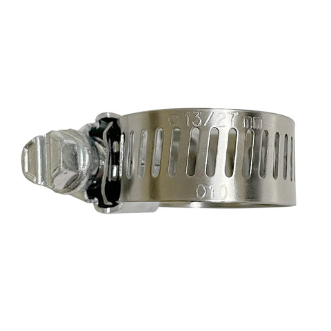 Stainless steel hose clamp band with screw, 1/2 in to 1-1/16 in range, front view