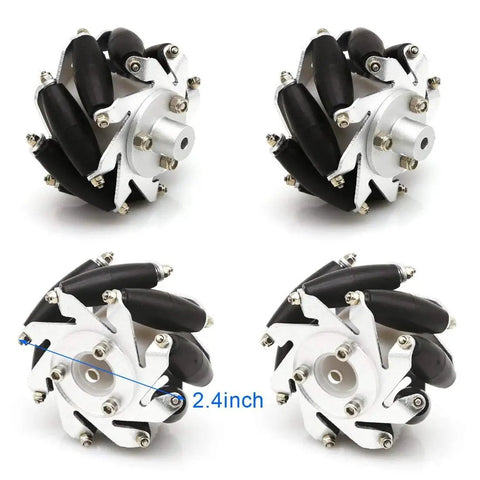 Set of 2.4-inch mecanum wheels for 4WD Mecanum Wheel Robot Car Chassis Kit with aluminum spokes visible