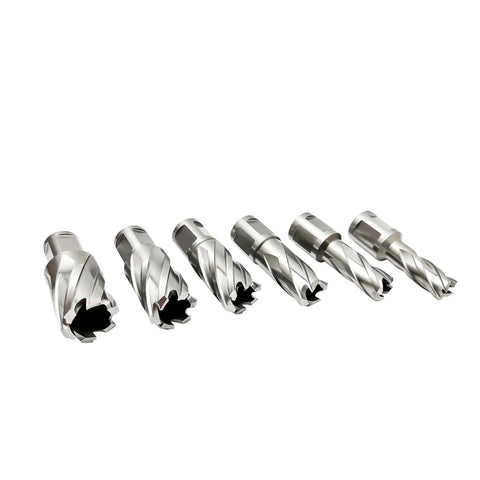 Heavy Duty Pro Grade Annular Cutters Set For Mag Drill With 9 Pieces HSS M2 Weldon Shank Slugger Bits arranged side by side