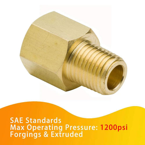 Brass pipe fitting adapter, 1/4 in NPT female to 1/4 in NPT male