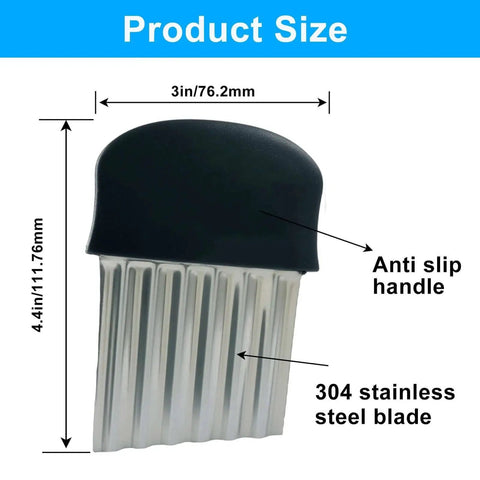 Stainless Steel Crinkle Cutter Wavy Fries Slicer And Vegetable Chopper 2 Pack Black Heavy Duty Blade Ergonomic Non Slip Handle For Potatoes Carrots Fruits Durable Kitchen Tool For Home Chefs. Product size 3x4.4 inches, 304 stainless steel blade, and anti-slip handle.