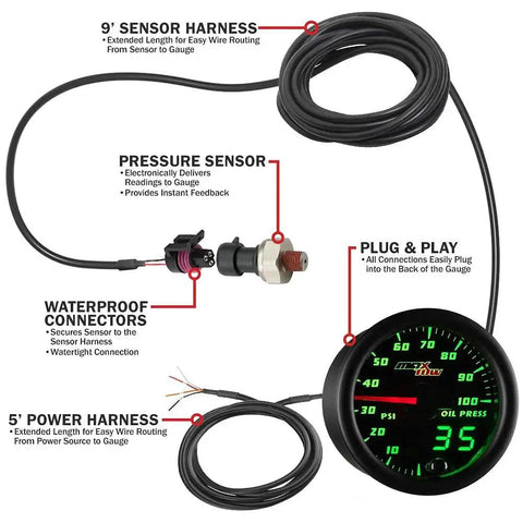 Double Vision 100 PSI Oil Pressure Gauge Kit With Electronic Sensor For Trucks, showing wiring harness, sensor, and black face gauge.