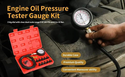 Oil Pressure Tester Tool Kit With Dual Display Gauge 0 To 140 PSI For Cars And Trucks Includes 10 Adapters, red toolbox shown