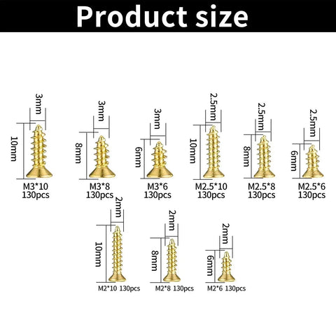 Gold micro screws sizes chart, showing M2, M2.5, M3 dimensions for 1170 Pcs Micro Screws Set For Electronics And Eyewear.