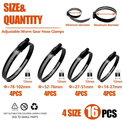 Black stainless steel hose clamp set with worm-gear, 16 pcs in four sizes: 14–27mm, 27–51mm, 52–76mm, 78–102mm