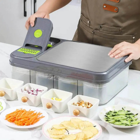 Person using All In One Vegetable Chopper And Prep Station With 15 Functions And 10 Interchangeable Blades Including Mandoline Slicer Cheese Grater Egg Separator Built In Cutting Board And Storage Container For Effortless Meal Prep And A Real Time Saver