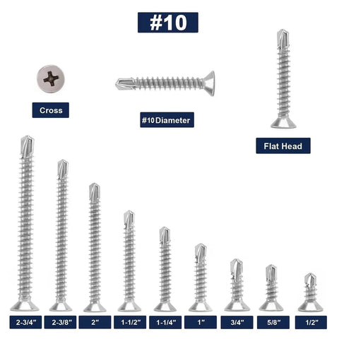 Number Ten By One And A Half Inch Sheet Metal Screws, 100 Pieces, 410 Stainless Steel Flat Head Self Tapping Tek Screws. Various sizes displayed.