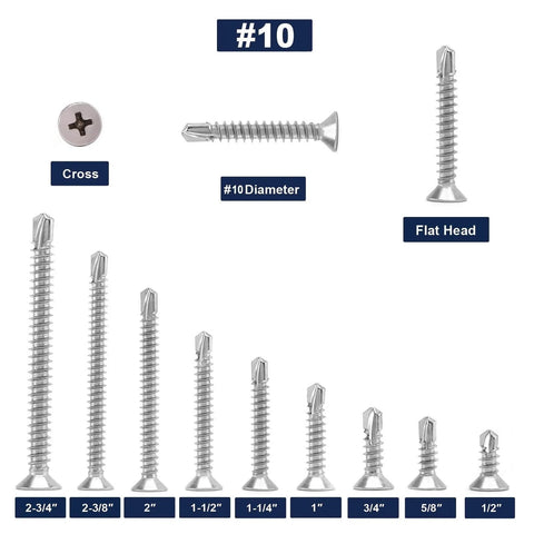 Ten By Two And Three Quarters Inch Sheet Metal Screws Flat Head Tek Screws Self Tapping 100 Pcs 410 Stainless Steel Heavy Duty Fasteners