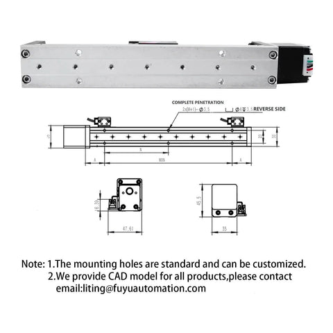 Mini Linear Guide Rail Stage With Nema 14 Stepper Motor, 50 To 300mm Stroke, 0.02mm Repeatability, technical drawing depicted