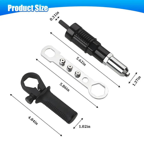 Pro Grade Car Cordless Rivet Gun Adapter Kit with drill attachment, handle, and wrench for SUV sedan truck auto body repairs.