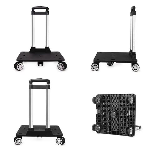 Folding Five Wheel Luggage Cart With Adjustable Height, shown from multiple angles, featuring compact foldable design and 50kg capacity.