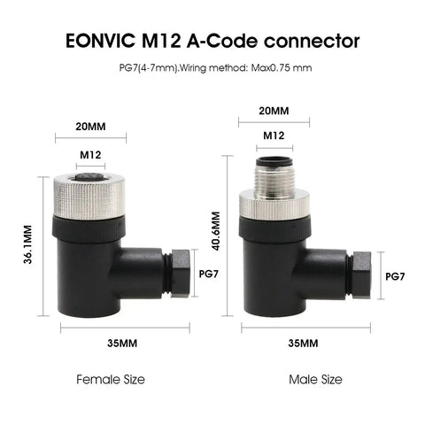 Front and side view of Industrial M12 8 Pin Male Connector 12mm A Code IP67 30V 2A, right angle, dimensions labeled, two units.