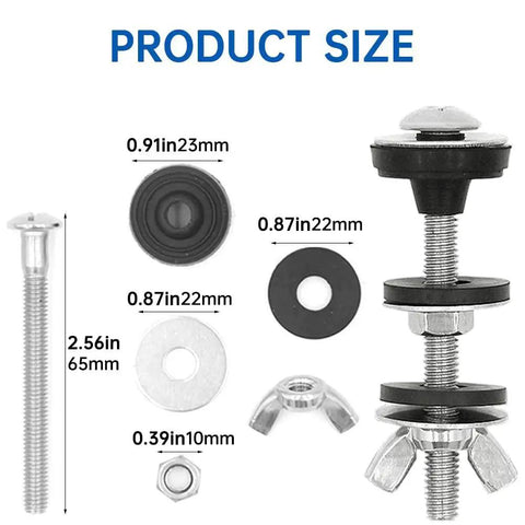 Stainless Steel Toilet Tank To Bowl Bolts Kit With Washers and measurements, shown with various fasteners and sizes labeled.