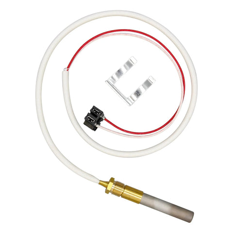 Front view of RURBRIN LP thermopile sensor with brass probe, white cable, red lead, mounting clip