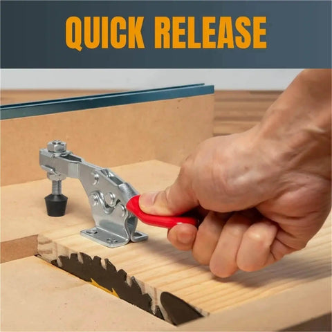 Hand using 16 Pc Quick Release Horizontal Toggle Clamp Set 225D with Anti Slip Rubber Pressure Tips on woodworking jig.