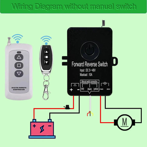 Wiring diagram for Waterproof Wireless Remote Forward And Reverse Switch For Linear Actuators 5 To 48V DC, 10A Controller.