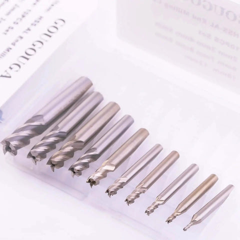 Pro Grade 10 Piece HSS End Mill Set With 4 Flute CNC Straight Bits For Wood Aluminum Steel Copper Iron Built Tough For Precision Milling And Real World Metalworking And Woodworking Projects GOUGOUGA in plastic case