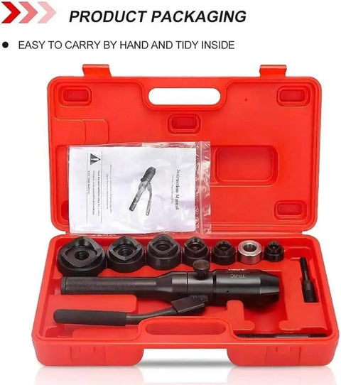 Knockout Punch Kit For Electrical Conduit 22.5mm To 61.5mm Hole Cutter Set With 6 Dies in red portable case, open view.