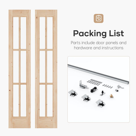 Double 30 By 80 Inch Bifold Barn Door With Tempered Frosted Glass And Solid Wood Space Saving Closet Door Kit With Concealed Hardware Preassembled French Bifold Wood Door Easy To Install And Color DIY, shows wood panels and installation hardware