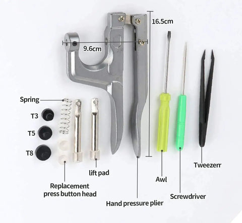 Bulk Snap Button Starter Kit With Pliers, 400 T5 Plastic No Sew Fasteners In 20 Colors, Aluminum Pliers, tools and sizes displayed