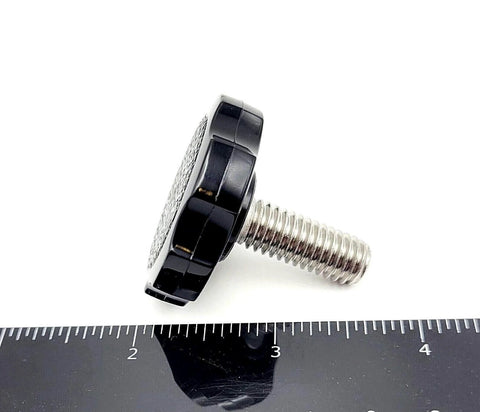 Side view of Three Eighths By One Inch Thumb Screw Bolts With Black Round Hex Head Clamping Knob And Plastic Cap Grip In 304 Stainless Steel