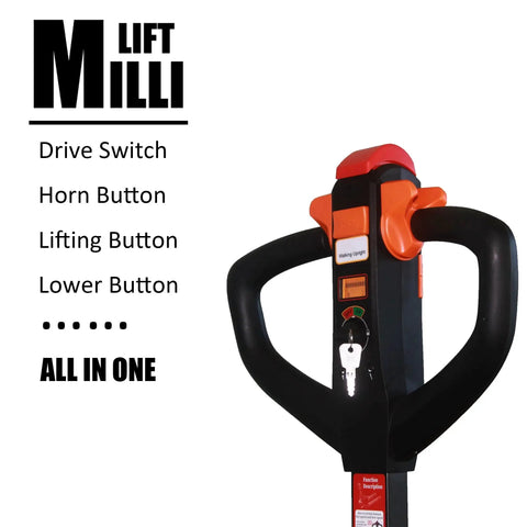 Close-up of Millilift electric pallet jack control handle with drive switch, horn, lift and lower buttons.