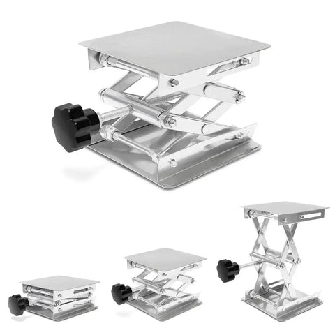 Stainless Steel Lab Jack Scissor Stand 4x4 Platform with Adjustable Height, shown from multiple angles, silver with black knob.