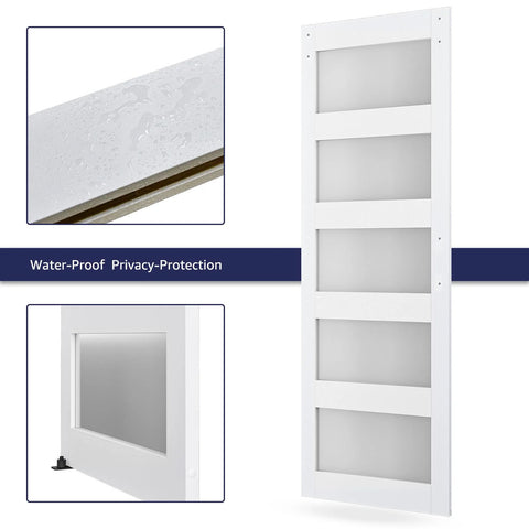 Five Panel Sliding Glass Barn Door Kit With Five Foot Hardware, Waterproof MDF And Frosted Glass For Privacy, Easy Assembly