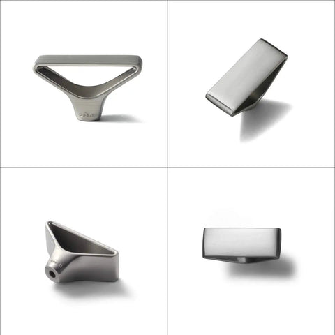 Four views of Six Pack Brushed Nickel Triangular Cabinet Knobs With Open Center Design for modern cabinets and drawers, geometric flair.