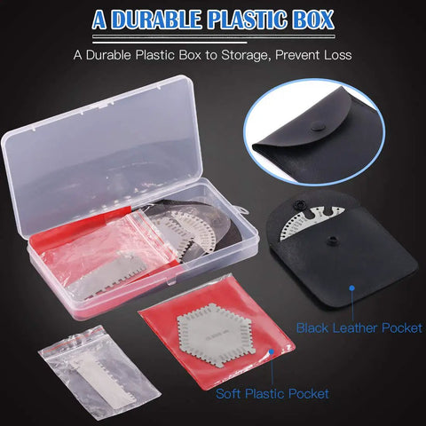 Pro Grade Welding Gauge Kit From Glarks 3 Pack Stainless Steel Wet Film Comb inside a transparent storage box.